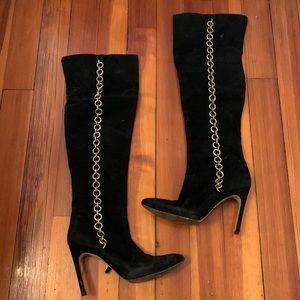 Via Spiga Thigh High Vintage Black Suede Hi Heeled Boots with gold chains 9.5